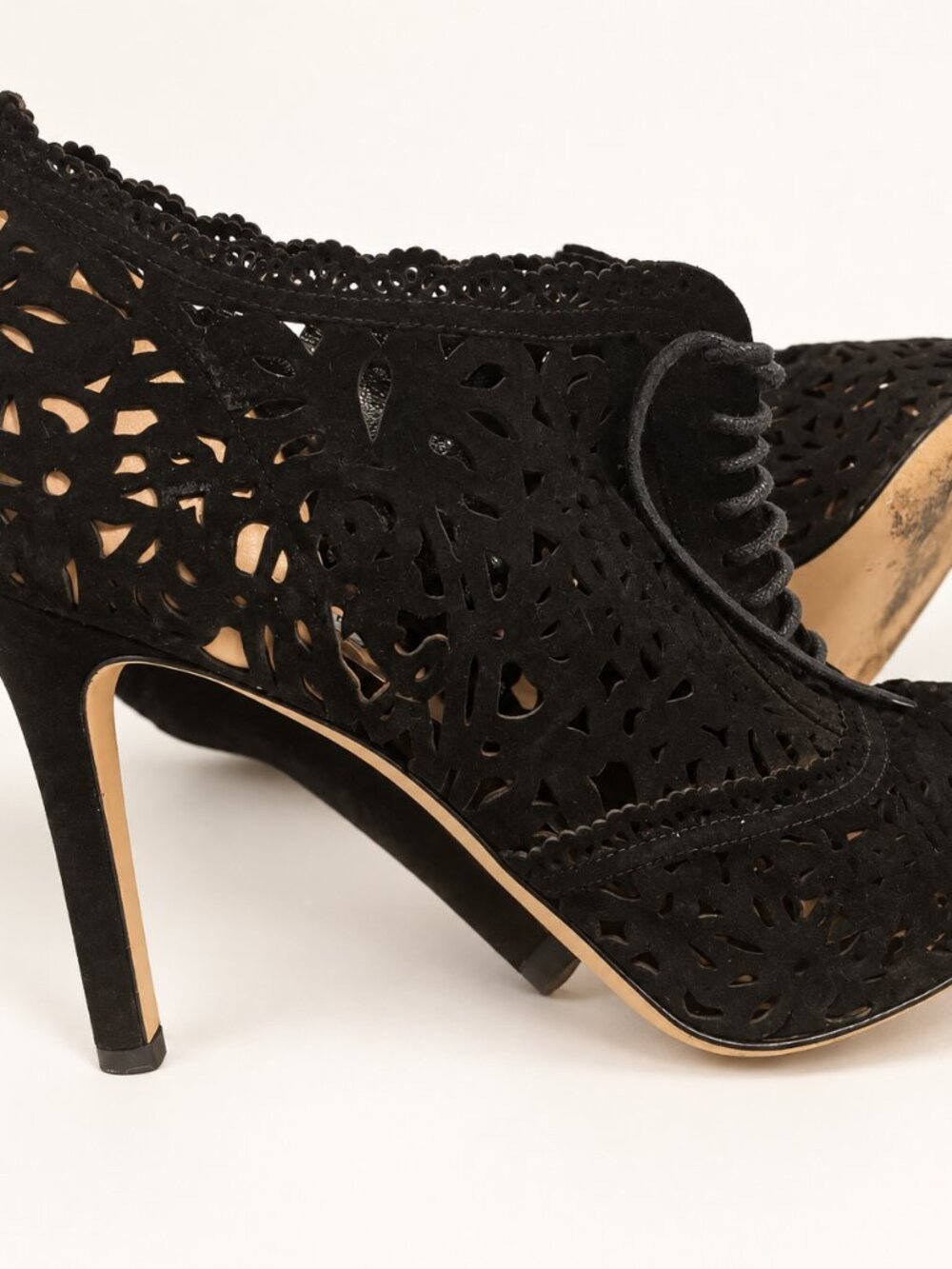 Valentino Garavani Black Laser Cut Suede Peep Toe Booties EU 37
